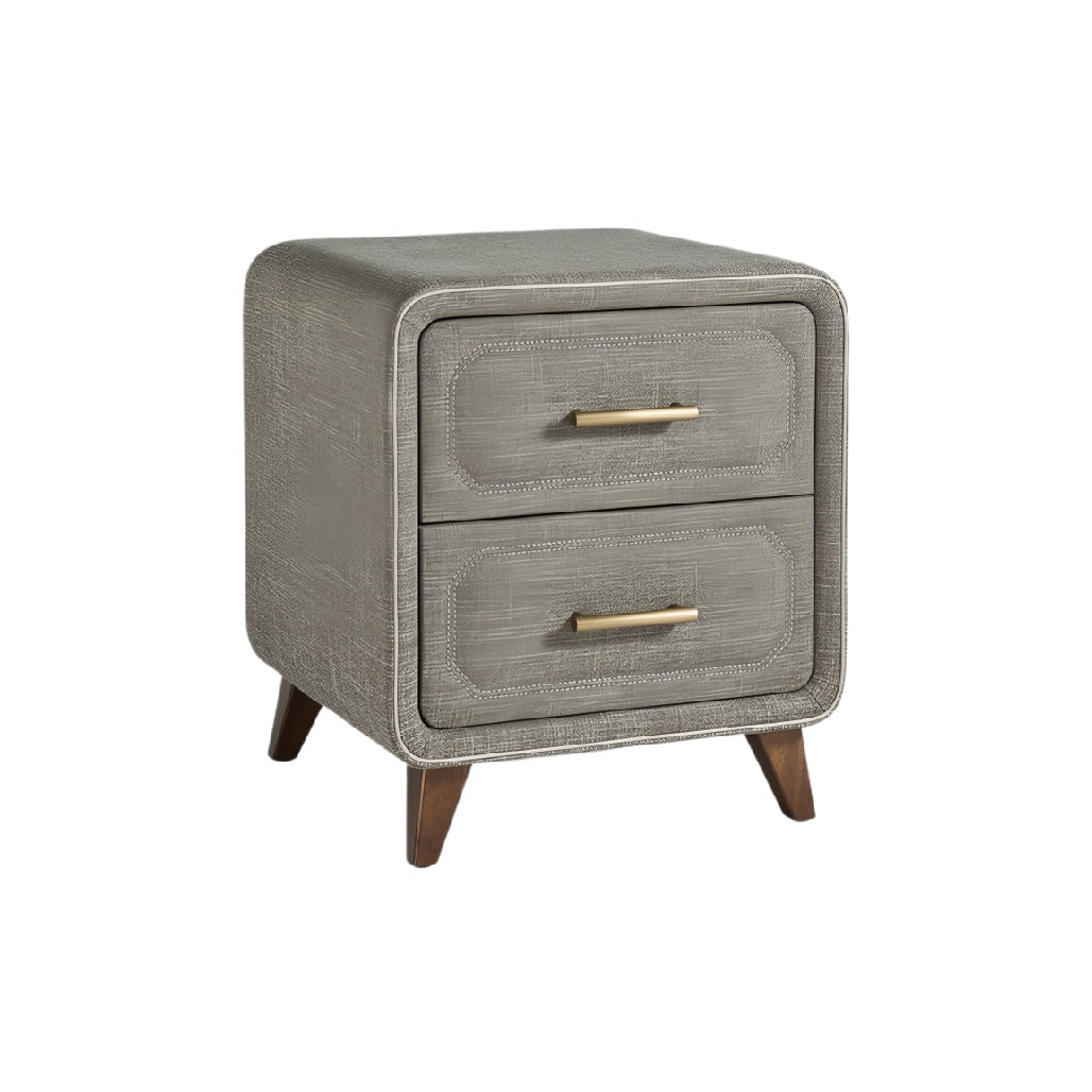 Modern Gray Nightstand with Two Drawers and Wooden Legs